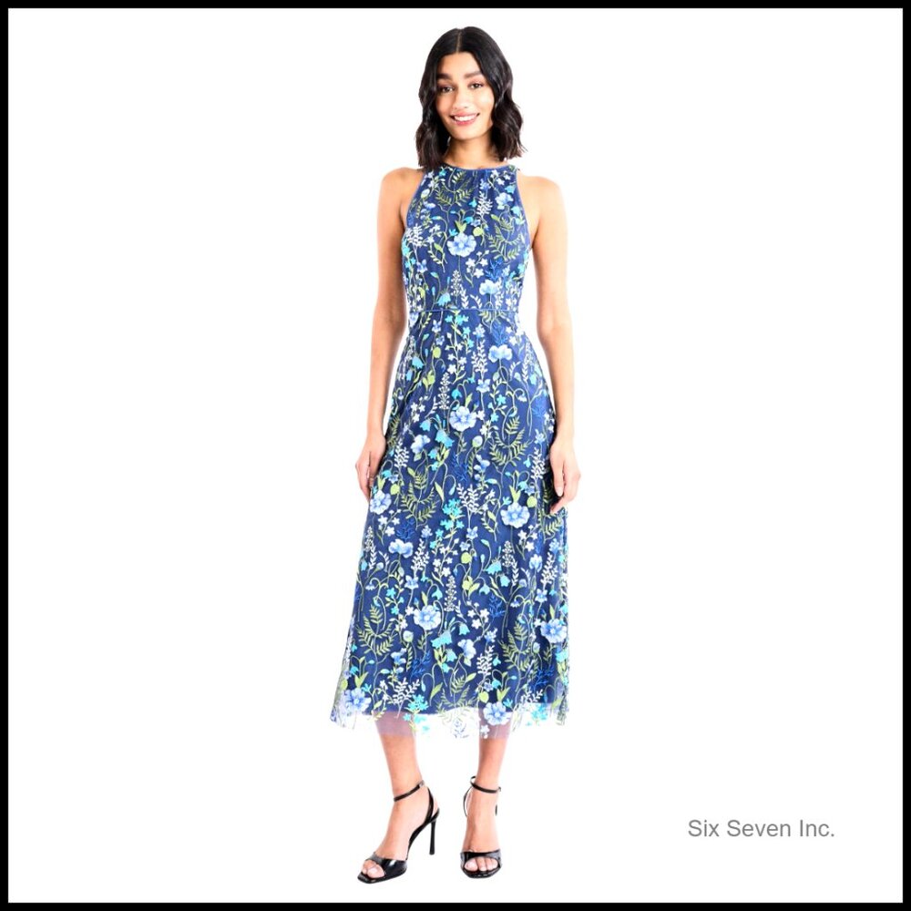 Floral Embroidered Halter Neck Midi Dress with Back V-Neck